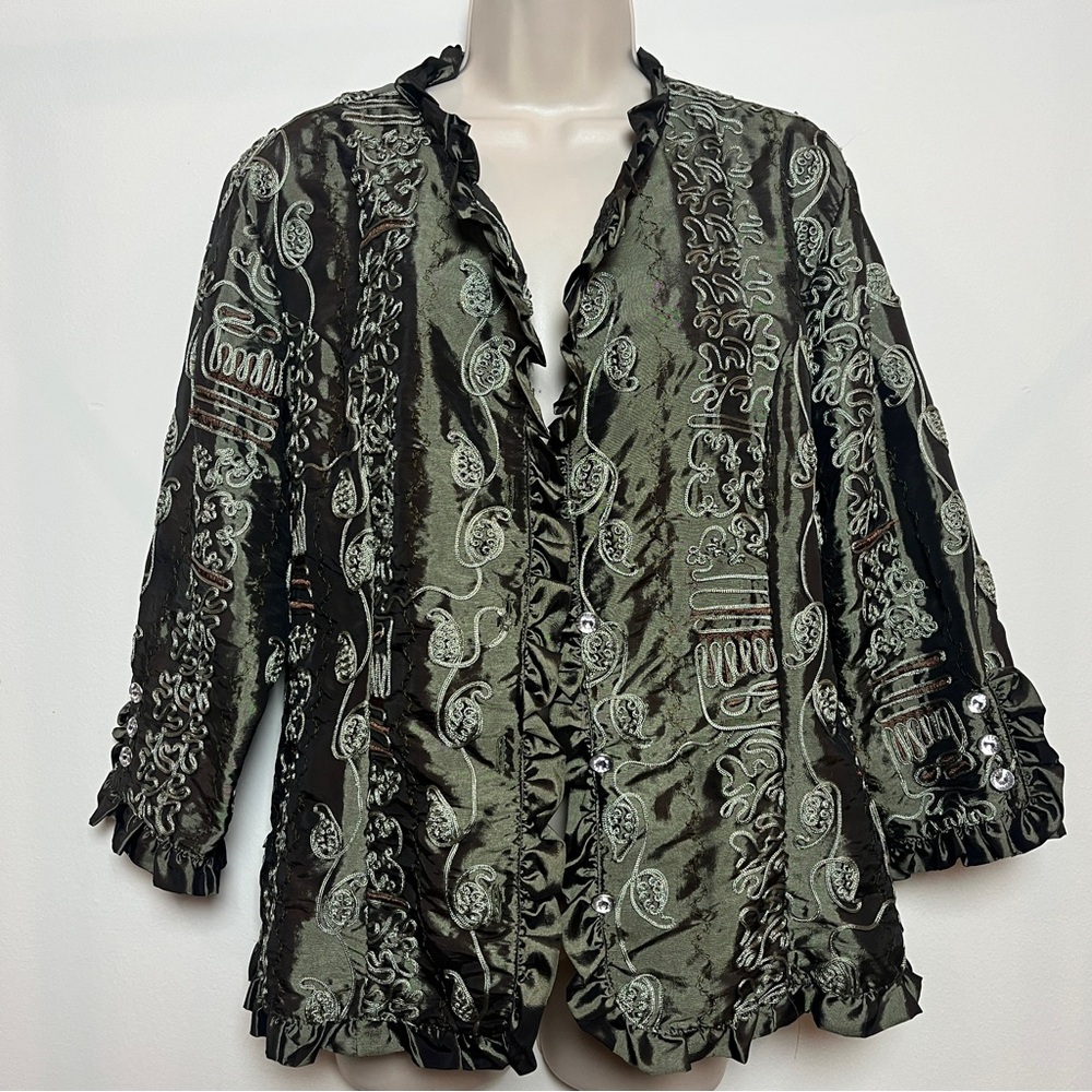 Embroidered Ruffle-Trim Open Front Blouse Jacket Olive Green 3/4 Sleeve